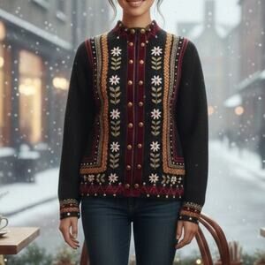 Islandic Design Black Embellished Zip Sweater Jacket Lg